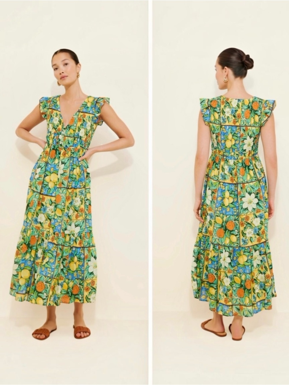 Anthropologie Peregrine Flutter Sleeve Maxi Dress In Fruit Motif XS
